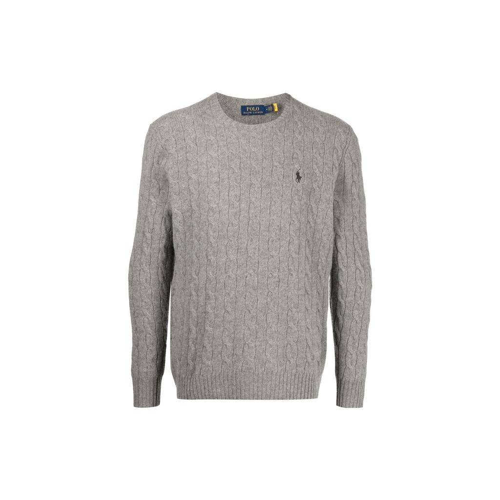 Polo Ralph Lauren SS23 Solid Color Logo Embroidered Cable Knit Cashmere Sweater Men Sweater Light-Gray 710876762-012