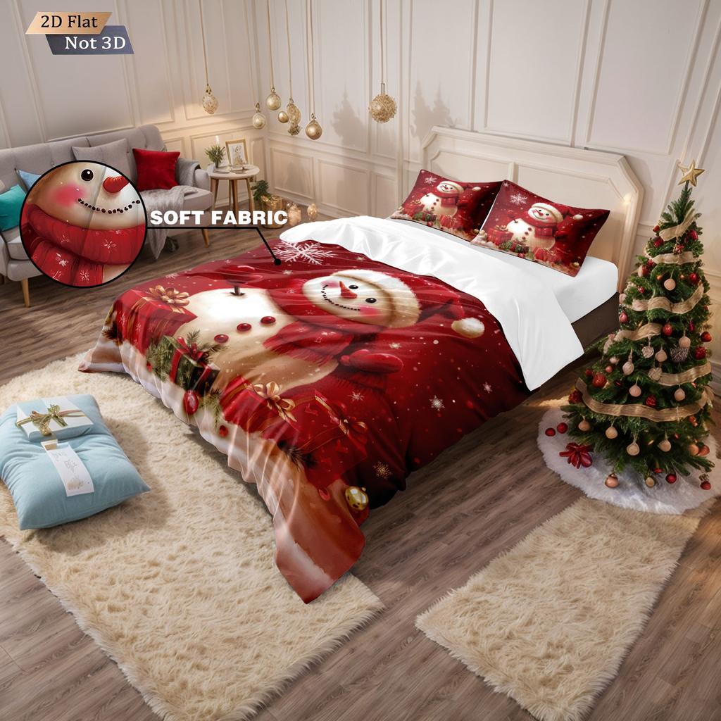 Set husă de plapumă fără umplutură cu imprimeu roșu om de zăpadă de Crăciun 3 piese dimensiuni multiple moale lenjerie de pat pentru dormitor, decorațiune de sărbători, lavabil la mașină