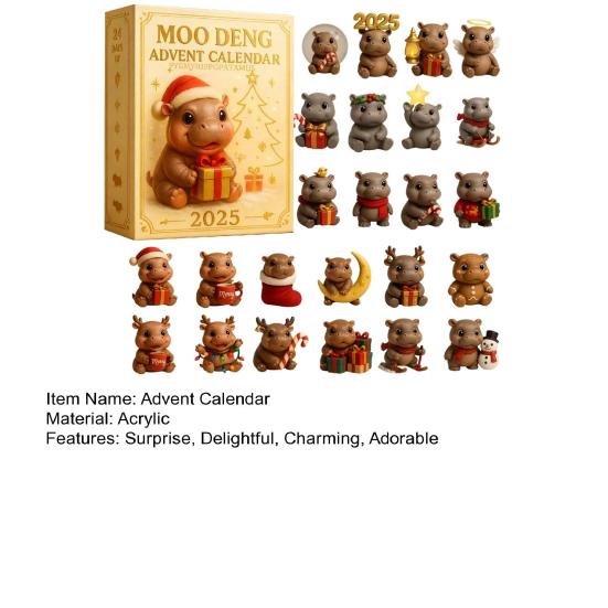 Moo Deng Advent Calendar 2025 24 Days Christmas Countdown with Acrylic Hippo Ornaments Surprise Gifts for Children And Adults