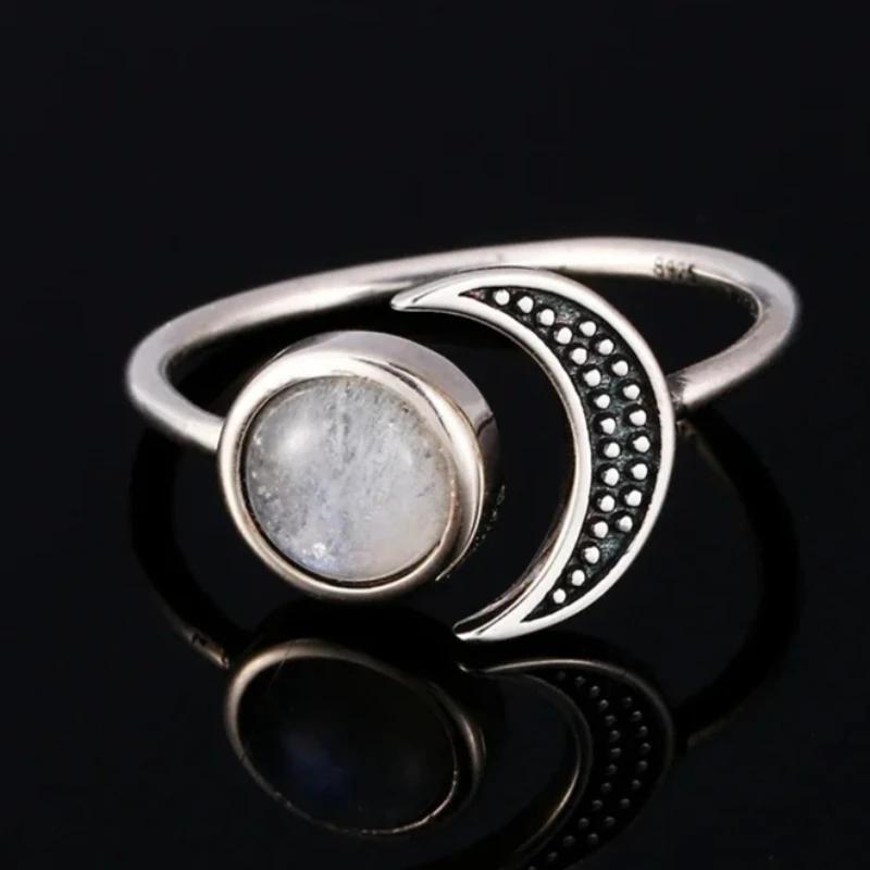 Moonstone CopperMoon Ring, Vintage Crescent & Starry Pattern Open Ring, Boho Women's Fashion Jewelry Cross-Border Gift
