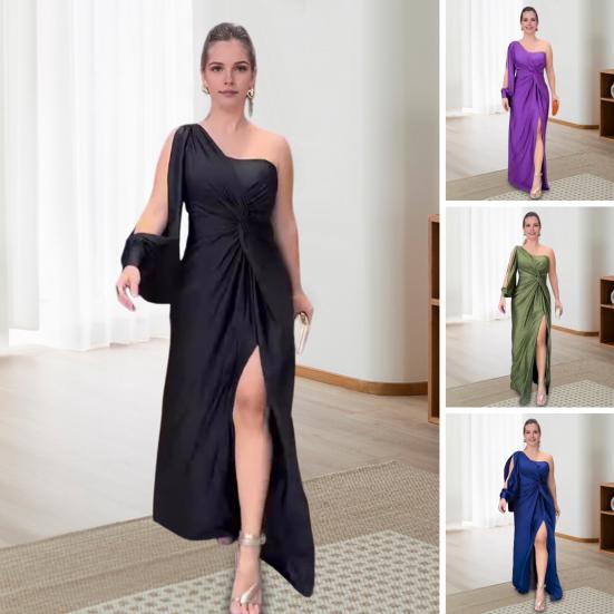 Abendkleid für Damen, eine Schulter, einzelne offene Ärmel, geteilter Saum, einfarbig, schmale Taille, plissiertes Knotendekor, Abschlussball, Cocktailparty, Maxikleid, Ballkleid