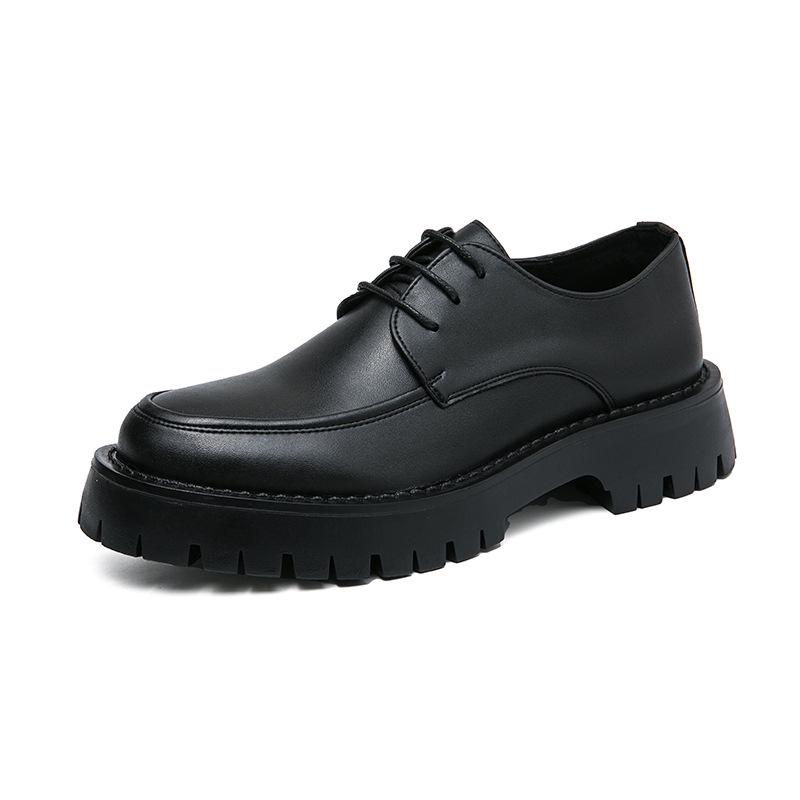 Men's Black British-Style Retro Height-Boosting Leather Shoes - Casual, Low-Top, Wear-Resistant, All-Season