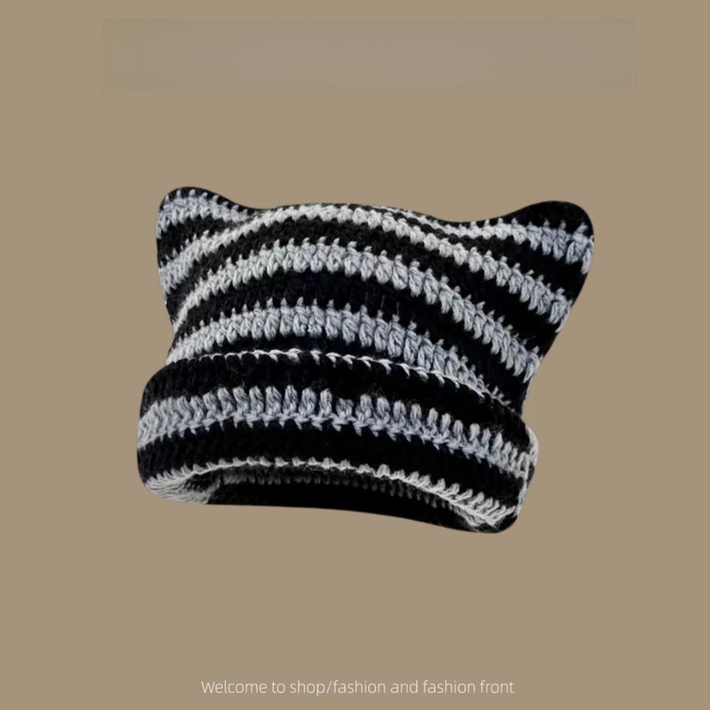 1pc Cute Cat Ears Beanie Hat For Women Winter Striped Korean Punk Gothic Y2K Wool Knitted Streetwear Handmade Crochet Bucket Cap