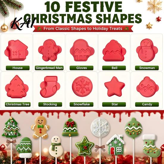 Christmas Cookie Cutter Set 10 Pairs Set, Biscuit Stamp Mold with Pop Sticks, Gingerbread DIY Lollipop Cake Making Kit Man Tree House Kit, Festive