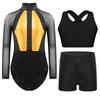 Mädchen Gymnastik Tanz Outfit Netz Langarm Strassstein Unitard Kreuzrücken Weste Bund Shorts