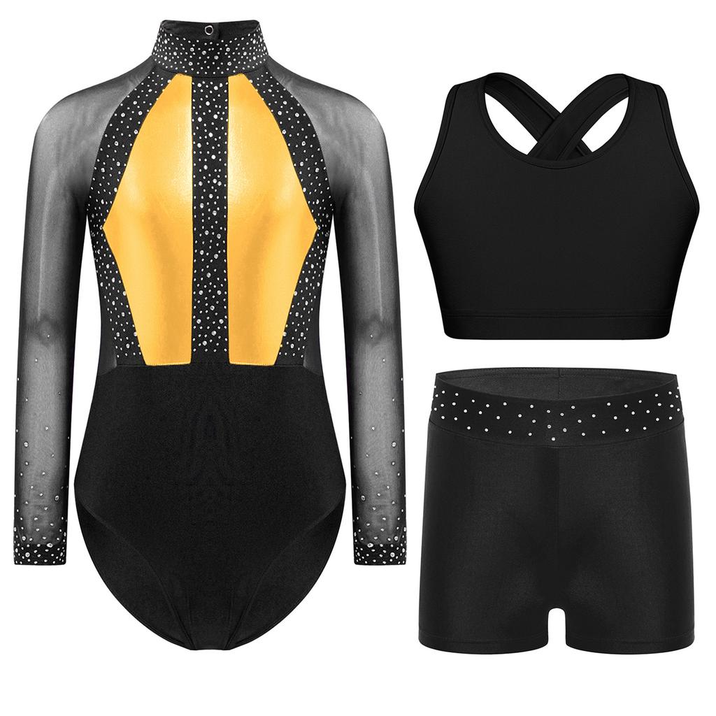 Mädchen Gymnastik Tanz Outfit Netz Langarm Strassstein Unitard Kreuzrücken Weste Bund Shorts
