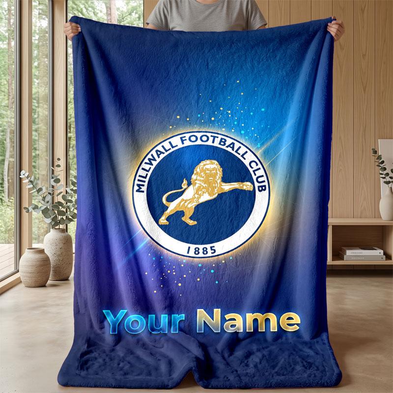 Millwall Custom Name Text Flannel Blanket Soccer Logo Personalized Fleece Throw Blanket Special Gift For Sofa Bedroom Home