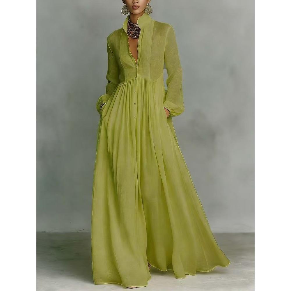Women's Stand Collar Long Sleeve Solid Color High Waist Pleated A-Line Maxi Dress With Pockets