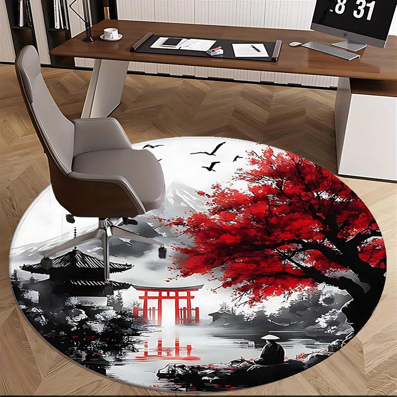 Japanese Landscape,Traditional Pagoda Scene Chair mat Round Rug Office carpet, Machine Washable, Non slip, Suitable for Living Rooms, Bedrooms