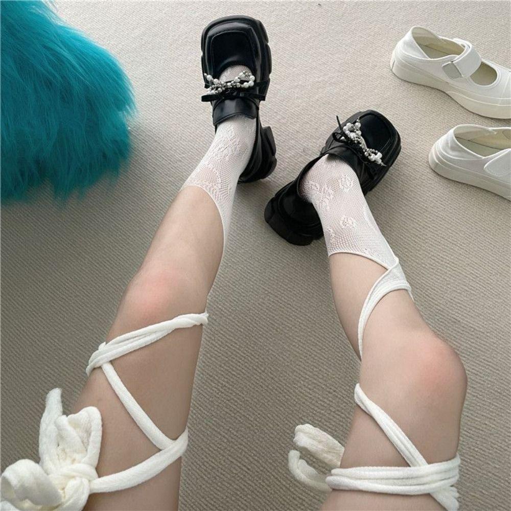 2Pairs Mesh Lolita Lace Stockings Irregular Straps Mid Tube Socks Women Thin Split Toe Socks  Gift