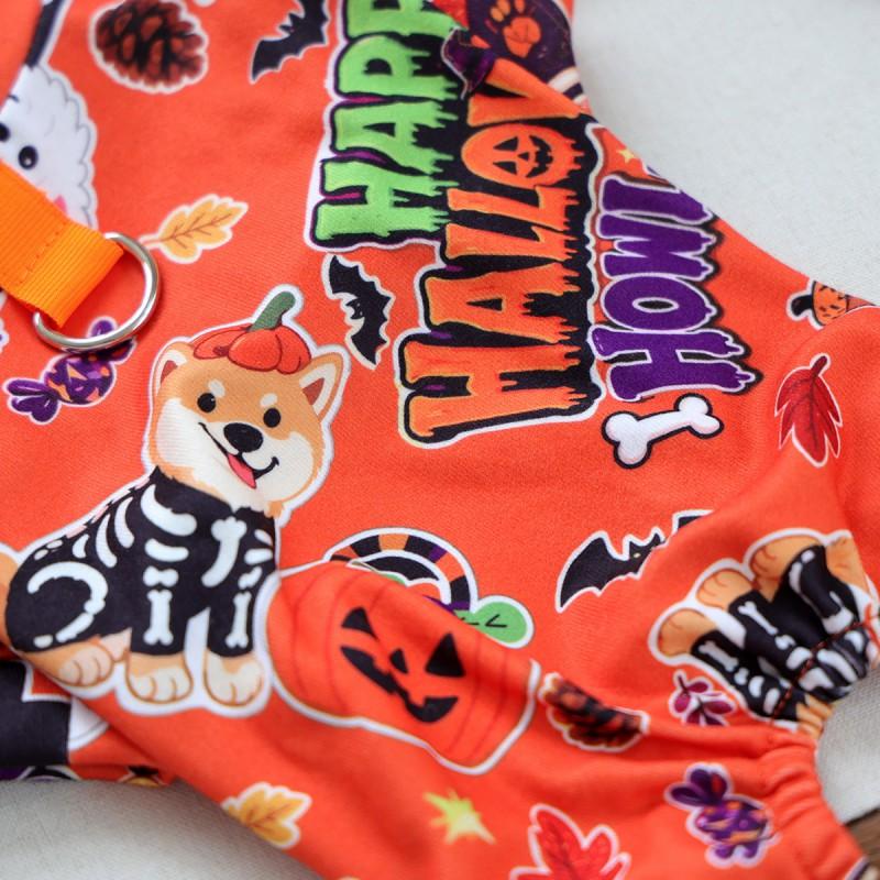 Halloween Orange Pet Pajamas With Pumpkin Print Teddy Yorkie Cat Dog Four-Legged Sleepwear Comfortable Home Outfit