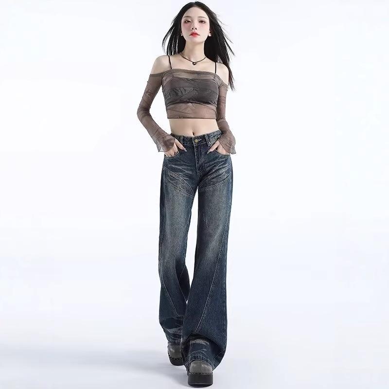 

Autumn Retro High Waist Micro Flare Jeans for Women - Floor-Length Non-Stretch Denim Pants L
