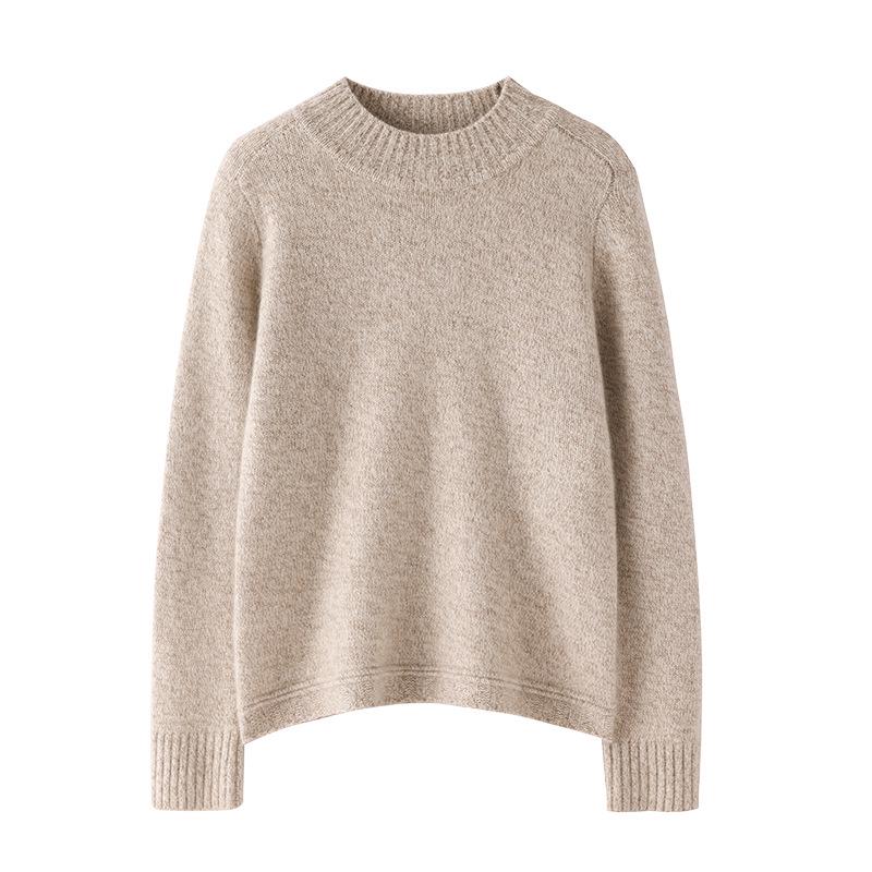 Women's Chunky Knit Wool Sweater, Half High Neck, Long Sleeve, Marled Yarn, Loose Fit Jumper