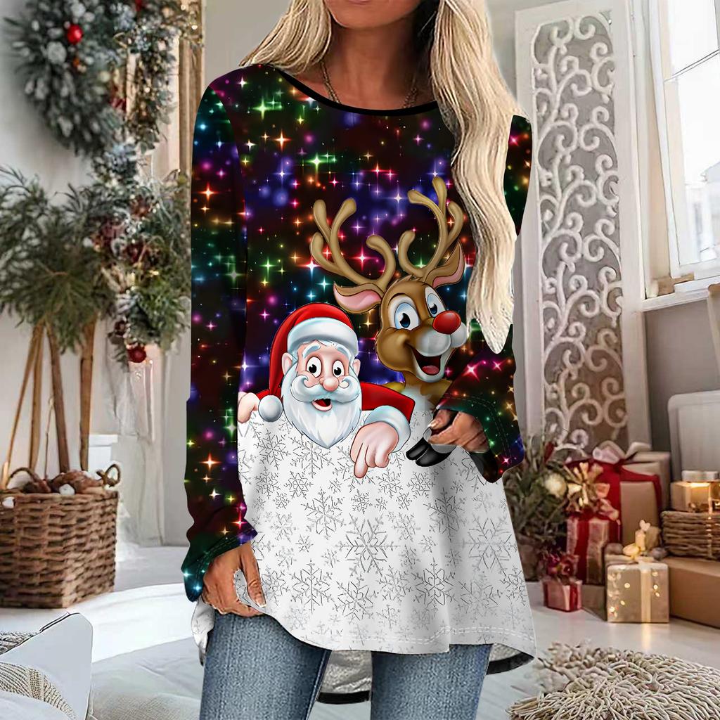 Plus Size Women Spring Christmas Snowman Printed Comfy Long Sleeve Round Collar T-shirt Casual Baggy Mid Length Tee Tops