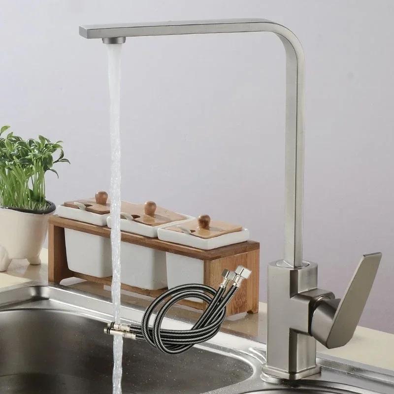 Square Kitchen Faucets 360 Degree Rotation Hot and Cold Water Taps Deck Mounted Mixer Tap Stainless Steel for Household Basin