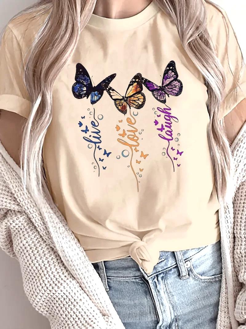 Womens casual short sleeved Tshirt with butterfly heart cartoon pattern round neck short sleeved Womens Tshirt S
