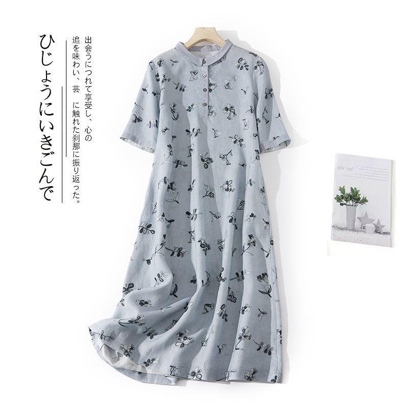 

Удобное повседневное ретро платье 2025 года из хлопка и льна, женская юбка с принтом и лацканами 2XL