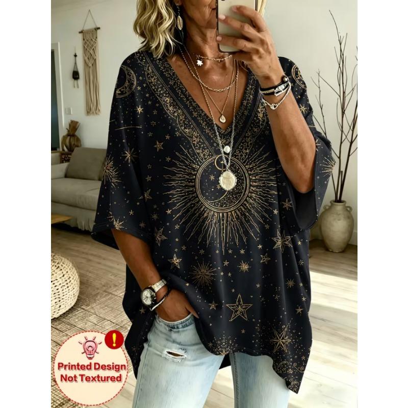 Women's large-size V-neck T-shirt, retro casual top, with printed design, fashionable and versatile ,machine washable.