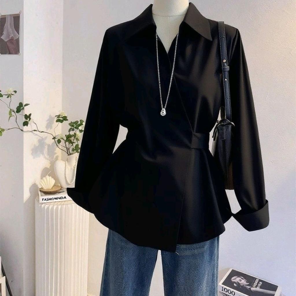 Strappy Waist Cinched Long Sleeved Shirt for Women In The Autumn Designed for Commuting Korean Style Top