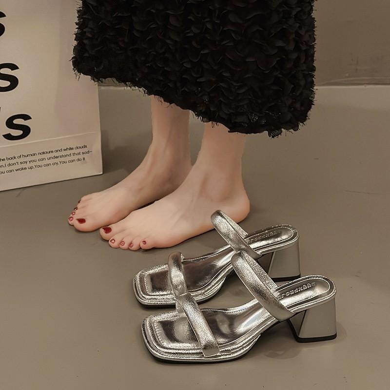 High-heeled Cool Slippers for Women's Outer Wear 2025 New Summer Thick-heeled French Niche Temperament with Skirt with Sandals