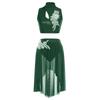 Womens Lyrical Dance Outfits Sleeveless Hollow Out Crop Top Irregular Mesh Hem Briefs Skirt Applique Dancewear Set