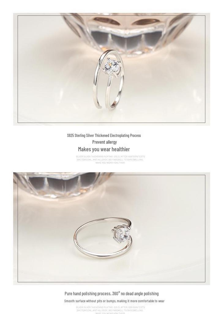 S925 Sterling Silver Adjustable Open Ring with Diamond Inlays - Four-Prong Design, Perfect for Qixi Festival.