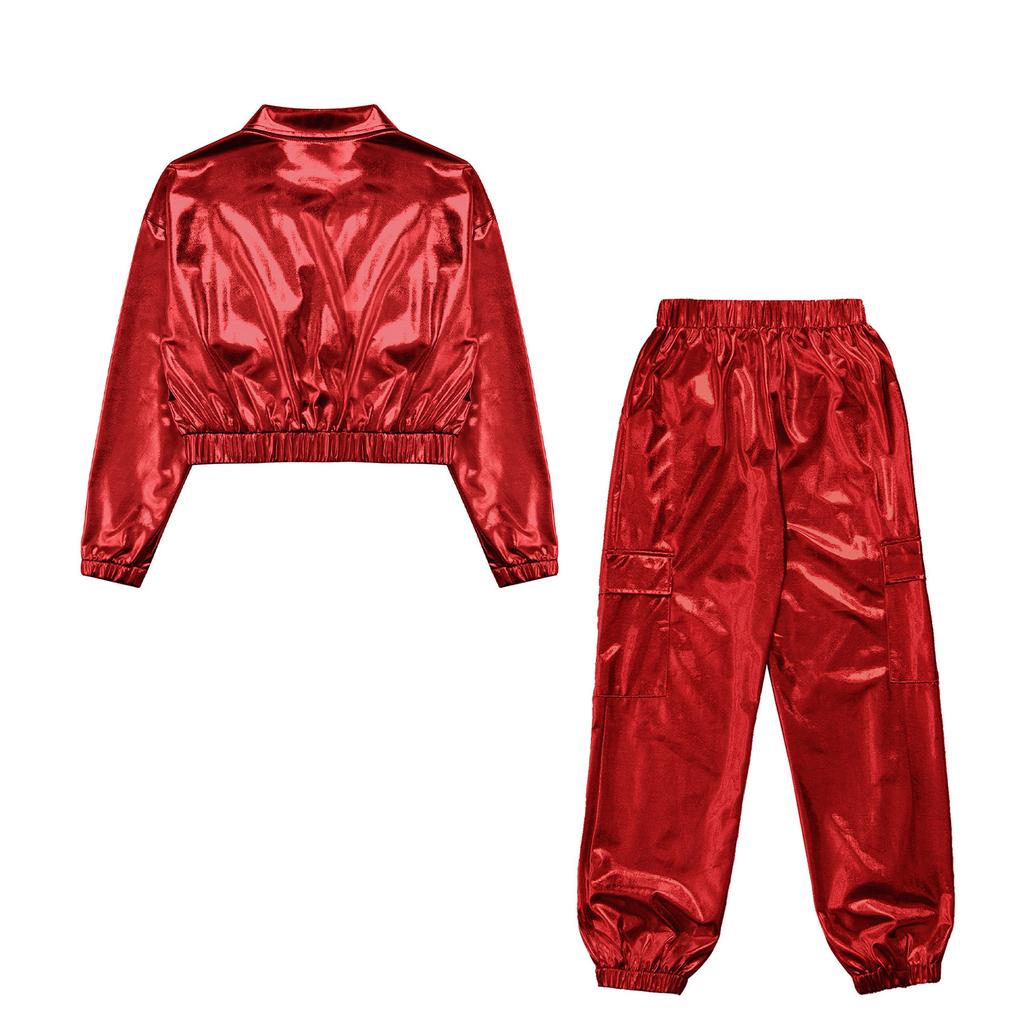 Girls Hip-Hop Jazz Street Dance Party Set Modern Stage Performance Set Jacket Outwear Coats with Long Pansts 2pcs Dancewear