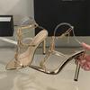 Fashion EilyKen Sexy Golden Pointed Toe Women Women Sandals Design Style Crystal Chain Buckle Strap Thin High Heels Party Prom Shoes