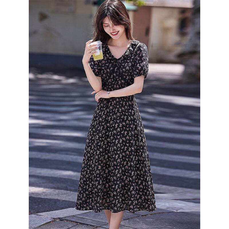 French Romantic Floral V-Neck A-Line Midi Dress