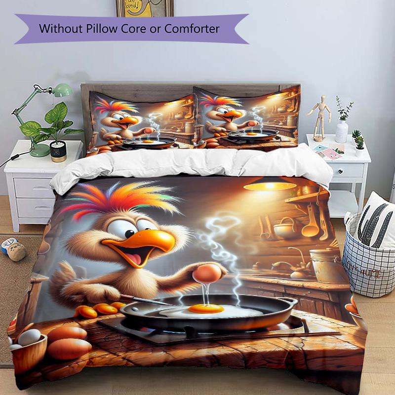 3pcs Anime Cartoon Chicken Bedding Set - Includes One Quilt Cover and Two Pillowcases (No Core) - Perfect for Bedroom and Guest Room Decorat