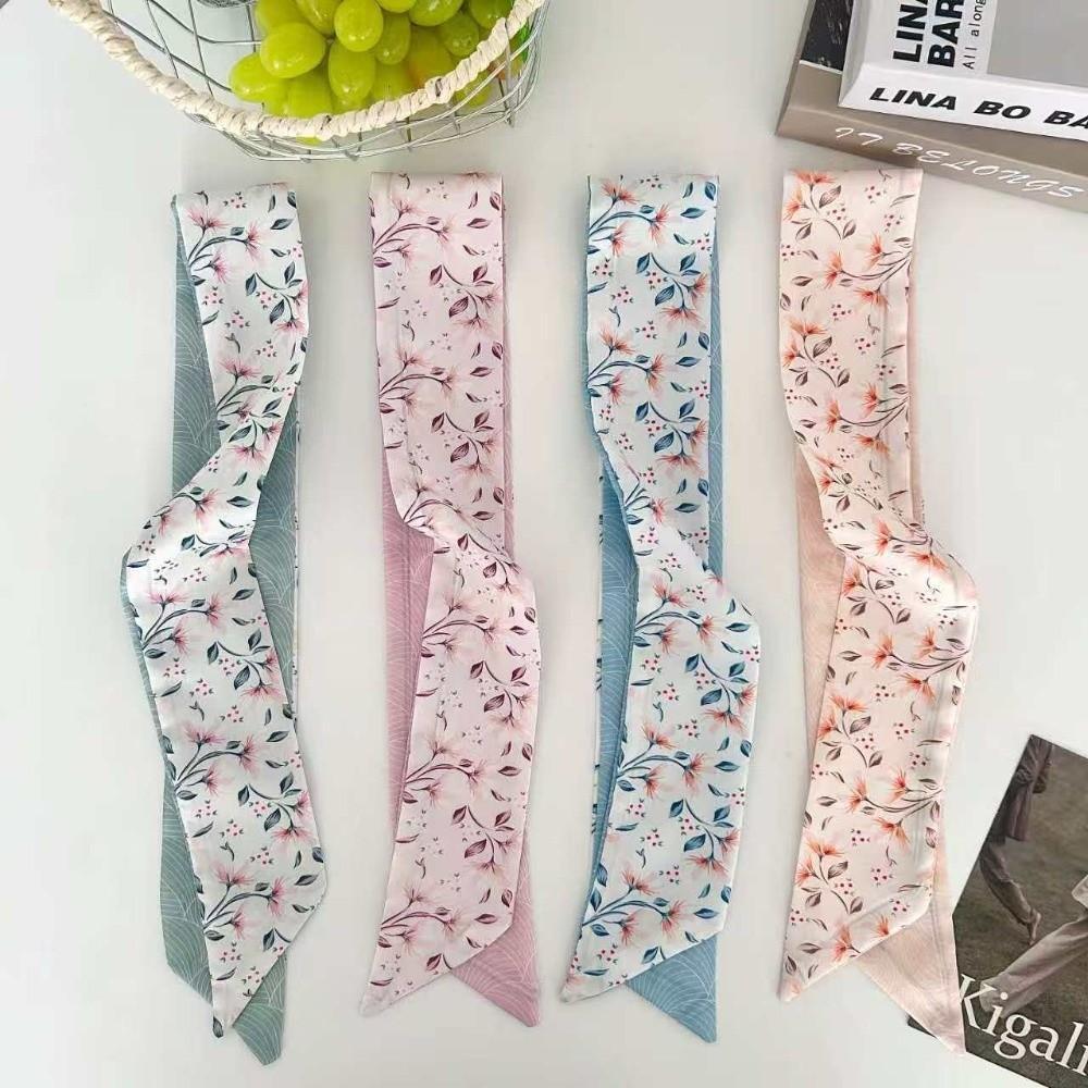 Spring Summer Floral Print Thin Ribbon Scarf Multi-use Headband Small Silk Scarf Skinny Silk Scarf Women Hair Accessory
