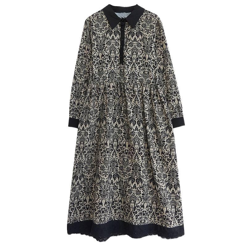 Autumn Literary Print Cotton and Linen Long Shirt Dress