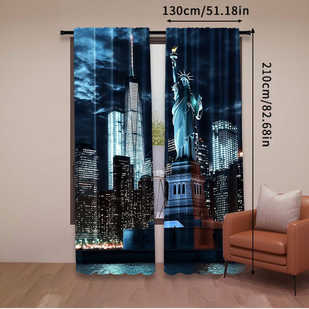 Set Of 2 Statue Liberty Curtain New York City Skyscraper Urban Night Scene Skyline Cityscape Landmark Home Decor Nyc Party Polyester
