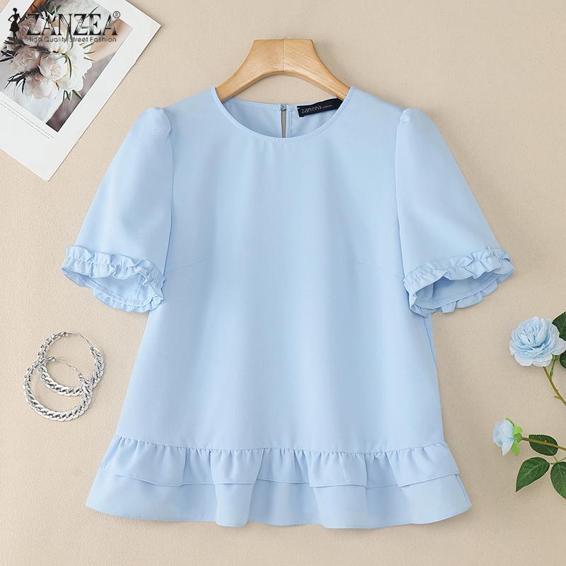 ZANZEA Women Casual Round Neck Summer Short Sleeve Blouse