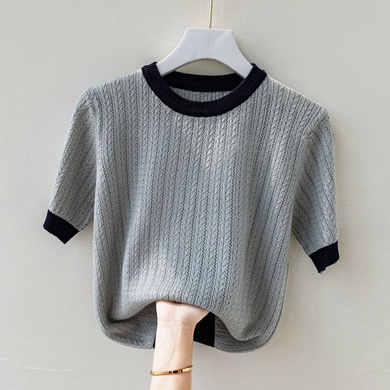 Damen Rundhals Eisseide T-Shirt Damen Sommer Farbblock Gehäkeltes T-Shirt Locker Übergröße Oberteil