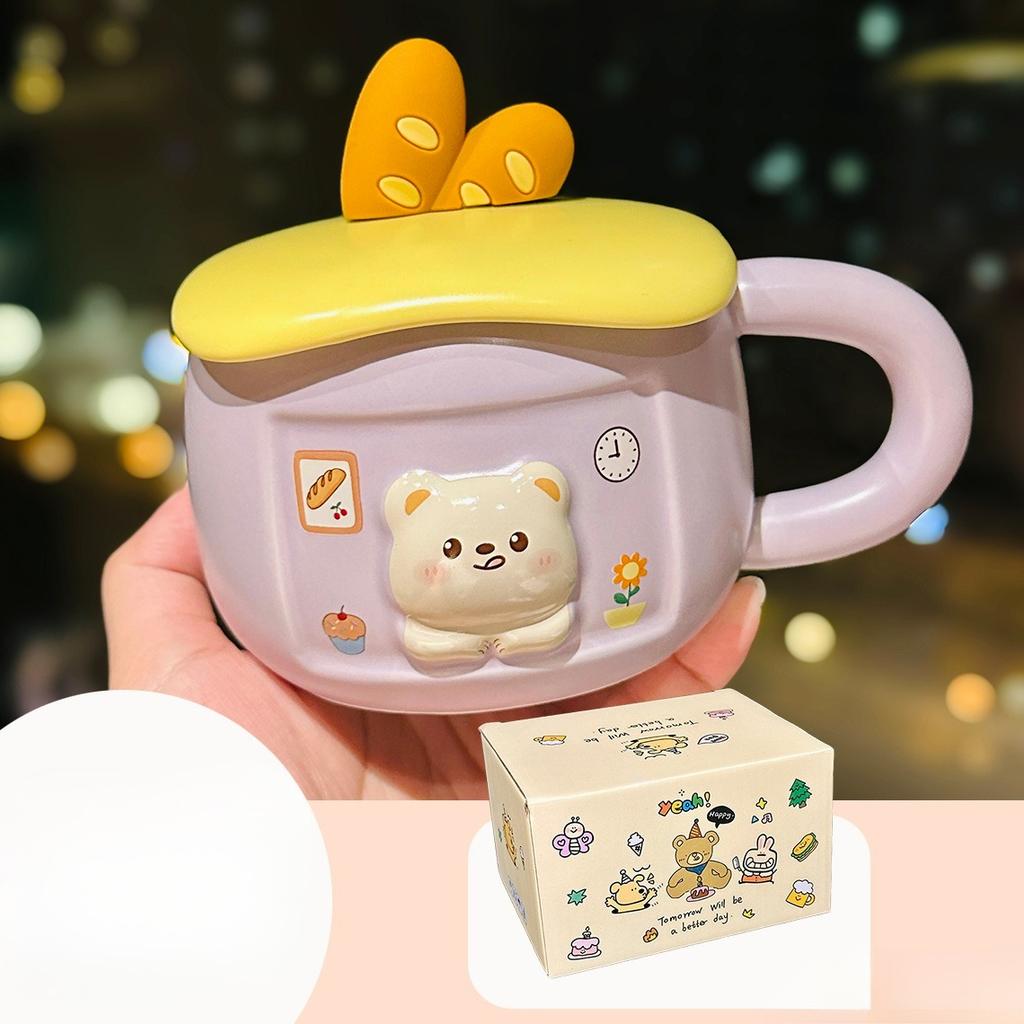 Cute Ceramic Mug with Lid Creative Household Milk Oatmeal Cup  Cheese Bread  Cute Bear Cartoon Cup  Souvenir