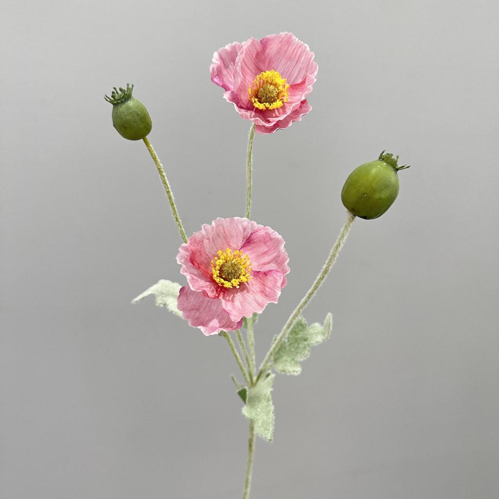 Flocked Poppy Silk Flower - 4-Head Single Stem for Wedding & Home Décor Vase