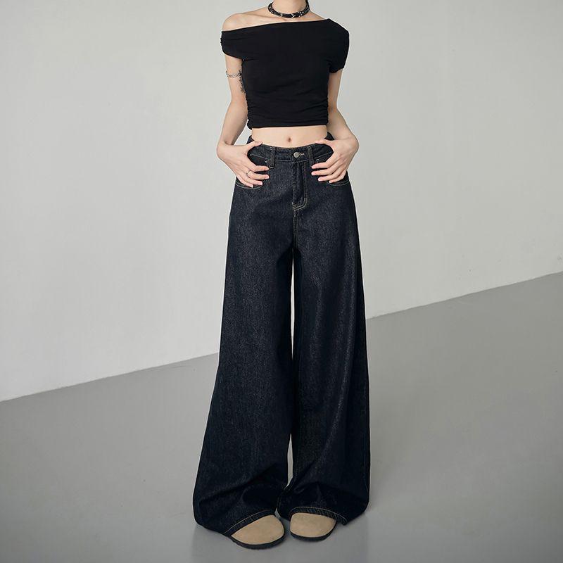 

Women s Retro High-Waist Dark Blue Wide-Leg Jeans, Slim and Loose Fit, Spring/Autumn Fashion. 2XL