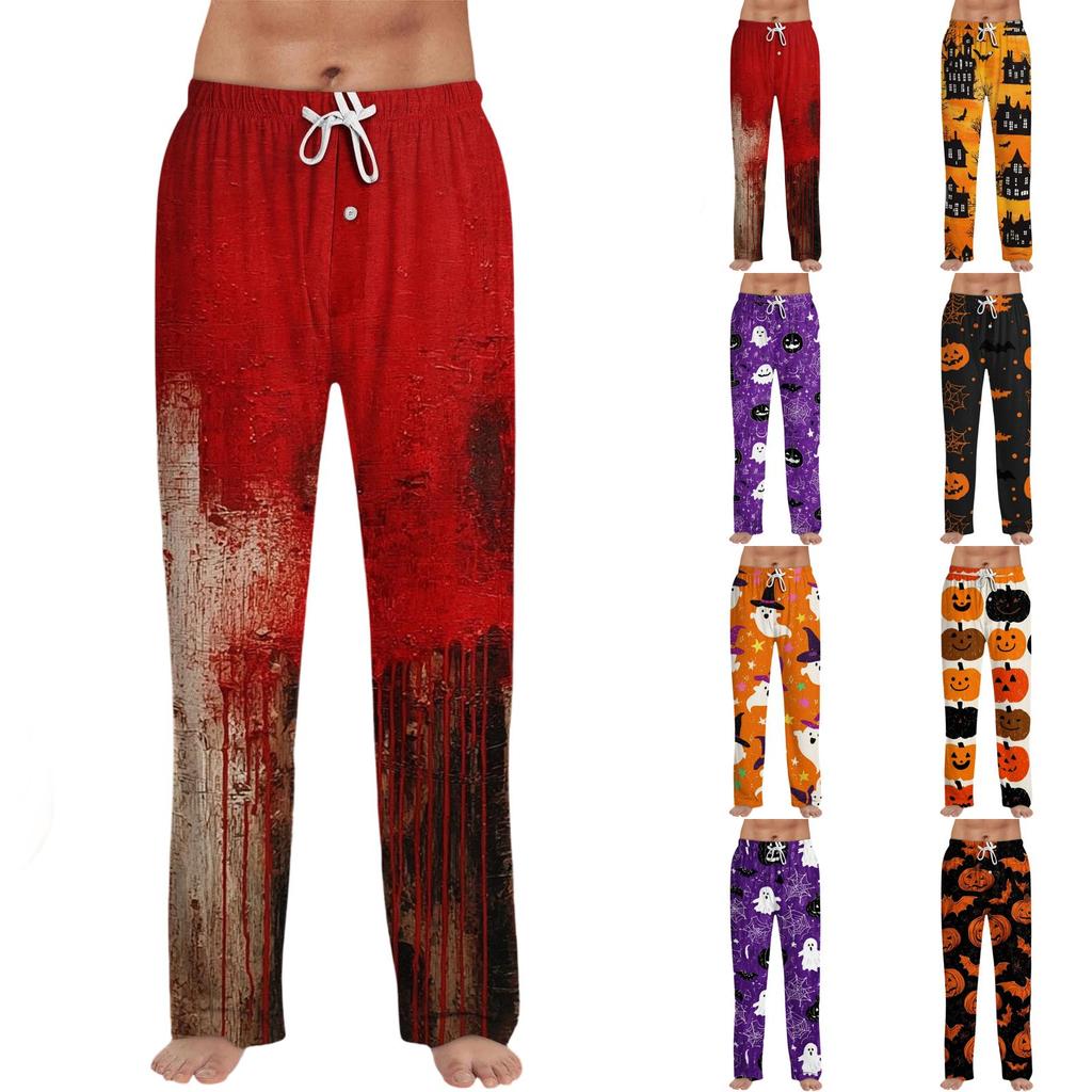 Men's Halloween Printed Drawstring Lounge Pants Casual Sleepwear Long Trousers with Adjustable Waistband and Button Fly