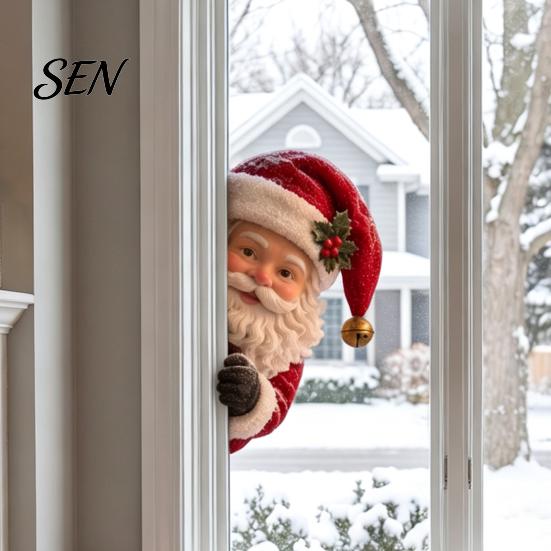 Non Marking Window Art Vintage Peeking Christmas Decor, 3D Carved Santa Reindeer Decorative Glass Adhesives Ornament with Hidden Suction Cup, Holiday