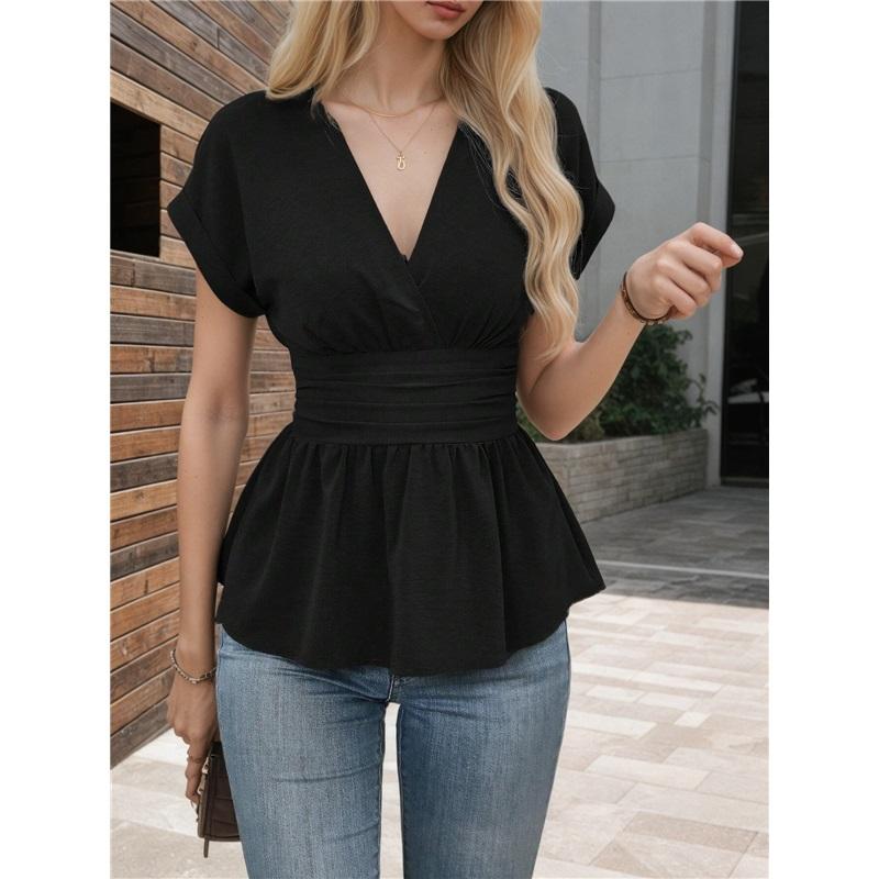 Damen V-Ausschnitt Kurzarm Peplum Bluse Lässig Wickel Taille Slim Fit Sommer T-Shirt Top