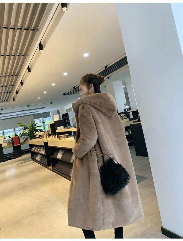 Autumn and winter thickened imitation rabbit fur long hooded loose knee jacket women's plush coat imitation fur