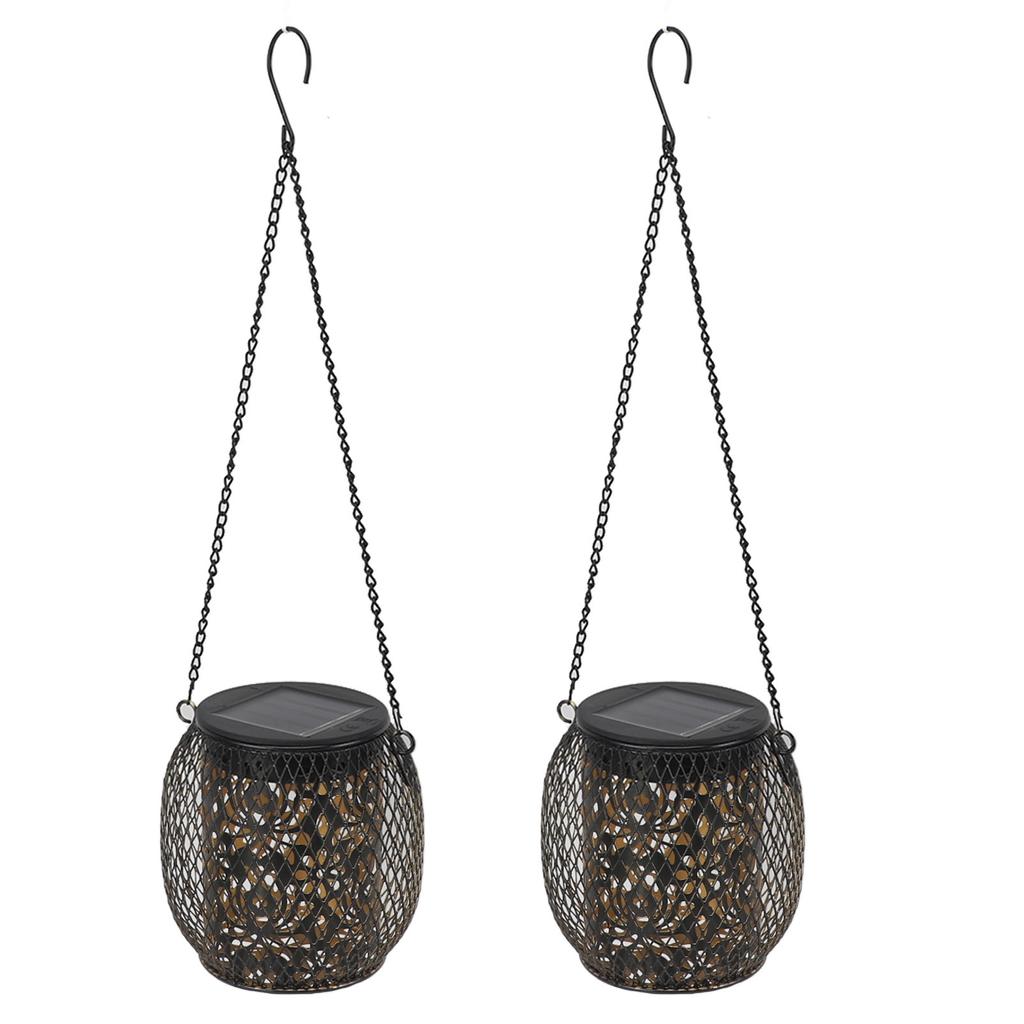 2pcs Outdoor Hanging Solar Lanterns IP65 Waterproof Solar Wrought Iron Lamp Decorative Garden