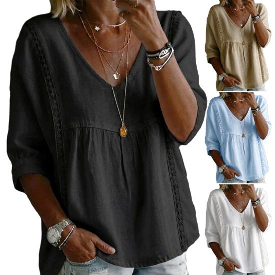 Women Tops V Neck 3/4 Sleeves Pure Color Lace Splicing Design Tee Shirt Loose Fit Versatile Summer Shirt Daily Wear