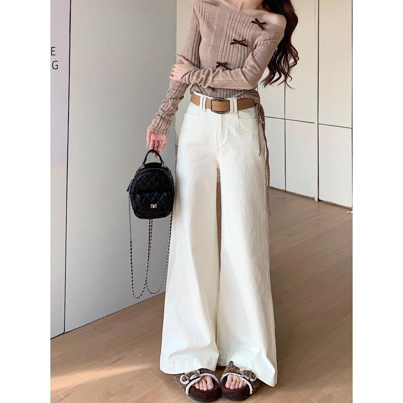Kumikumi American vintage White High Waist Drape Jeans Women clothes Autumn All-Match Loose Slimming Wide Leg Pants
