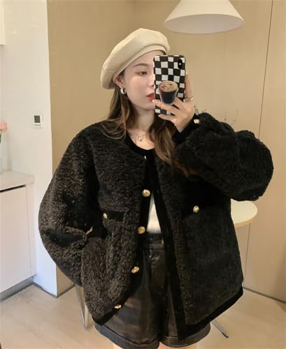 JINZUOMA Women's Fur Coat Jacket, Top, Fur Coat, Outerwear for Autumn and Winter, Long Sleeve, Loose Fit, Fleece Lining, Warm, and Cold Protection, Wh