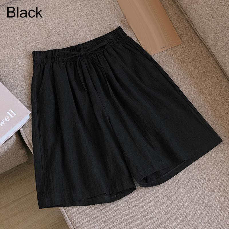 Frauen Einfarbig Elastische Taille Shorts Kordelzug Breite Bein Hosen Sommer Baumwolle Leinen Strand Shorts