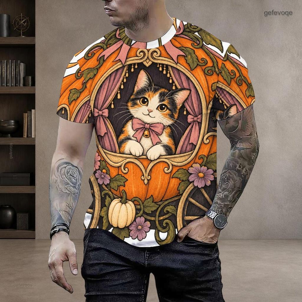 Men Plus Size Round Neck Short Sleeve Halloween Opossum Pumpkin Printed T Shirt