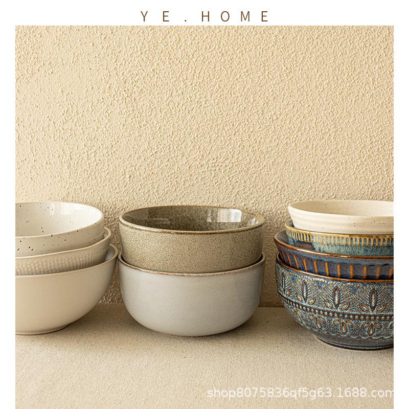 One Person Food Noodle Bowl Big Collection Ceramic Household Bowl Retro Practical Soup Bowl Vegetable Bowl Tableware Round Instant Noodle Bowl