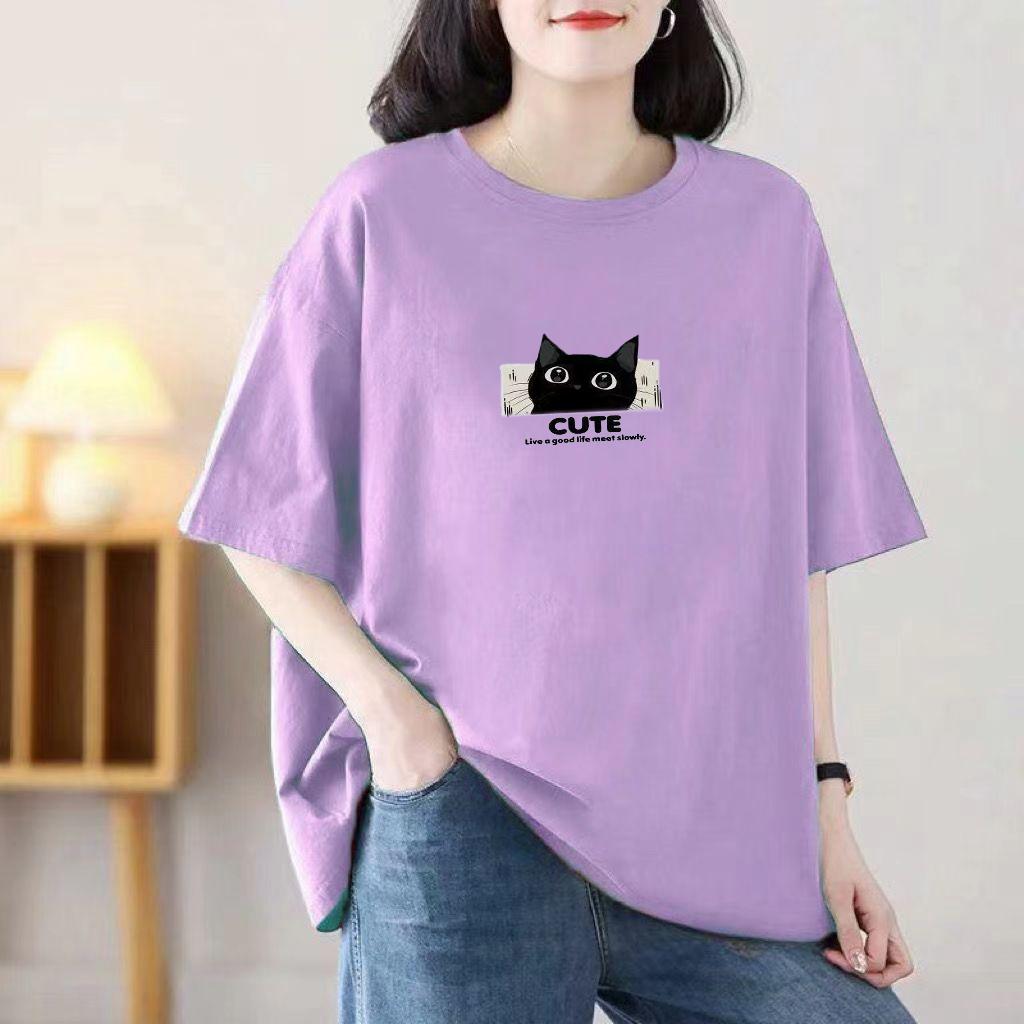 Cotton Short Sleeve T-shirt Women Loose Fashion Medium Sleeve Tops Summer Vintage T-Shirt